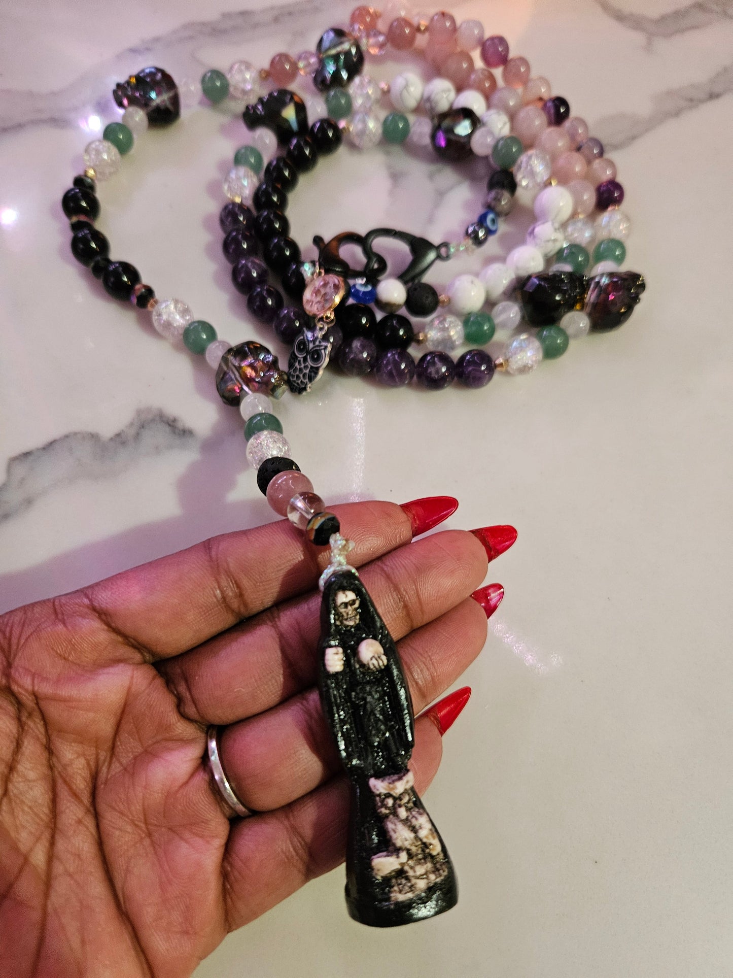 Santa Muerte Crystal Maso(Large Necklace/Rosary)