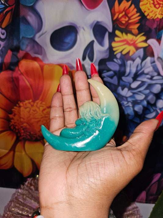 Hand-Carved Crystal Mermaid on Moon