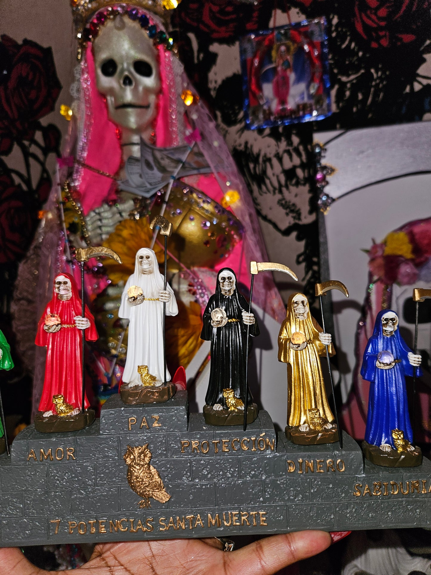 3.5" 7 Santa Muerte Statues on Stand w/ Removable Scythes