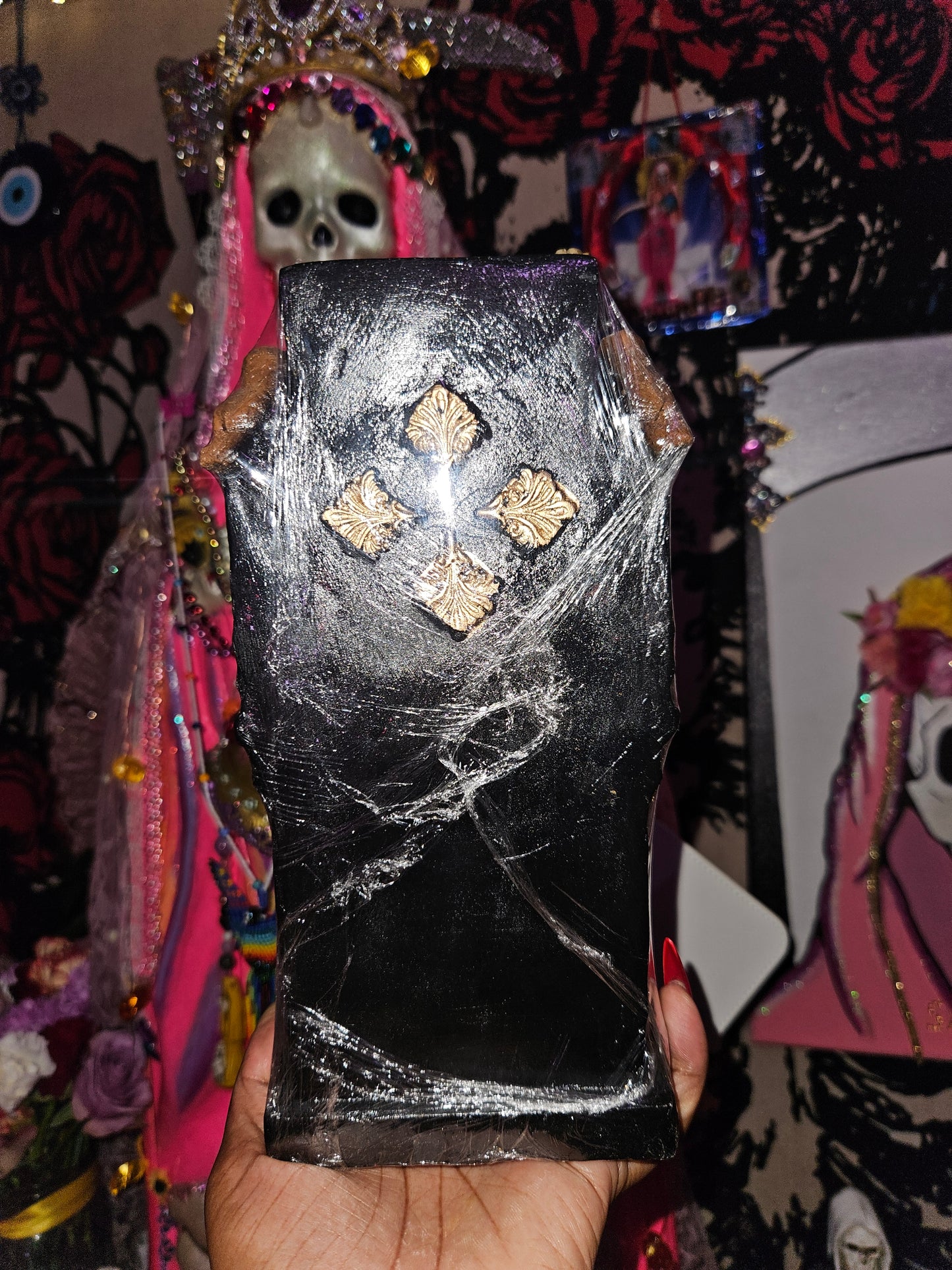 9 " Sitting 7 Colores/Rainbow Robe Santa Muerte Statue