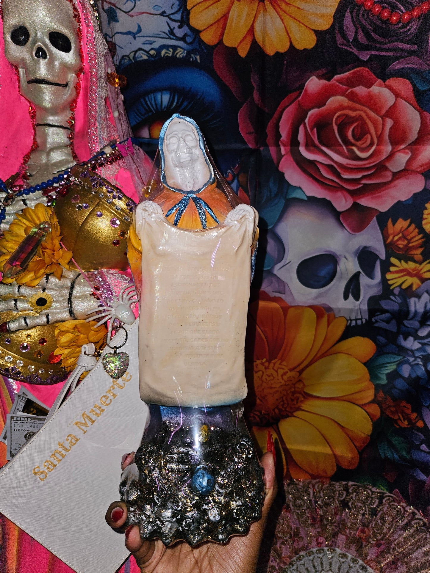 13" Santa Muerte Statue with Prayer Scroll