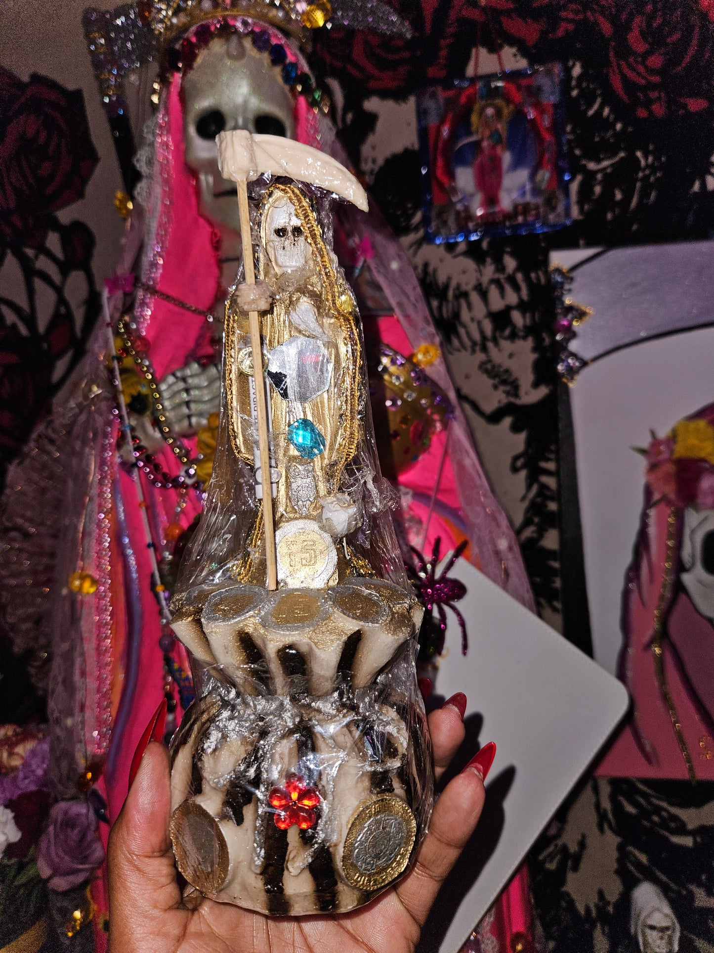 10" Gold Santa Muerte on Money Bag Statue
