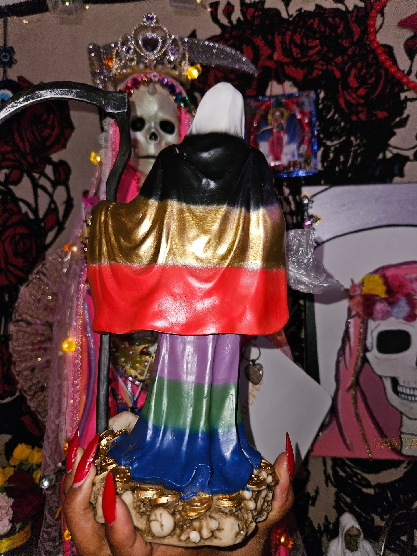 13" 7 Colores(Rainbow Robe) Santa Muerte Statue with removable scales