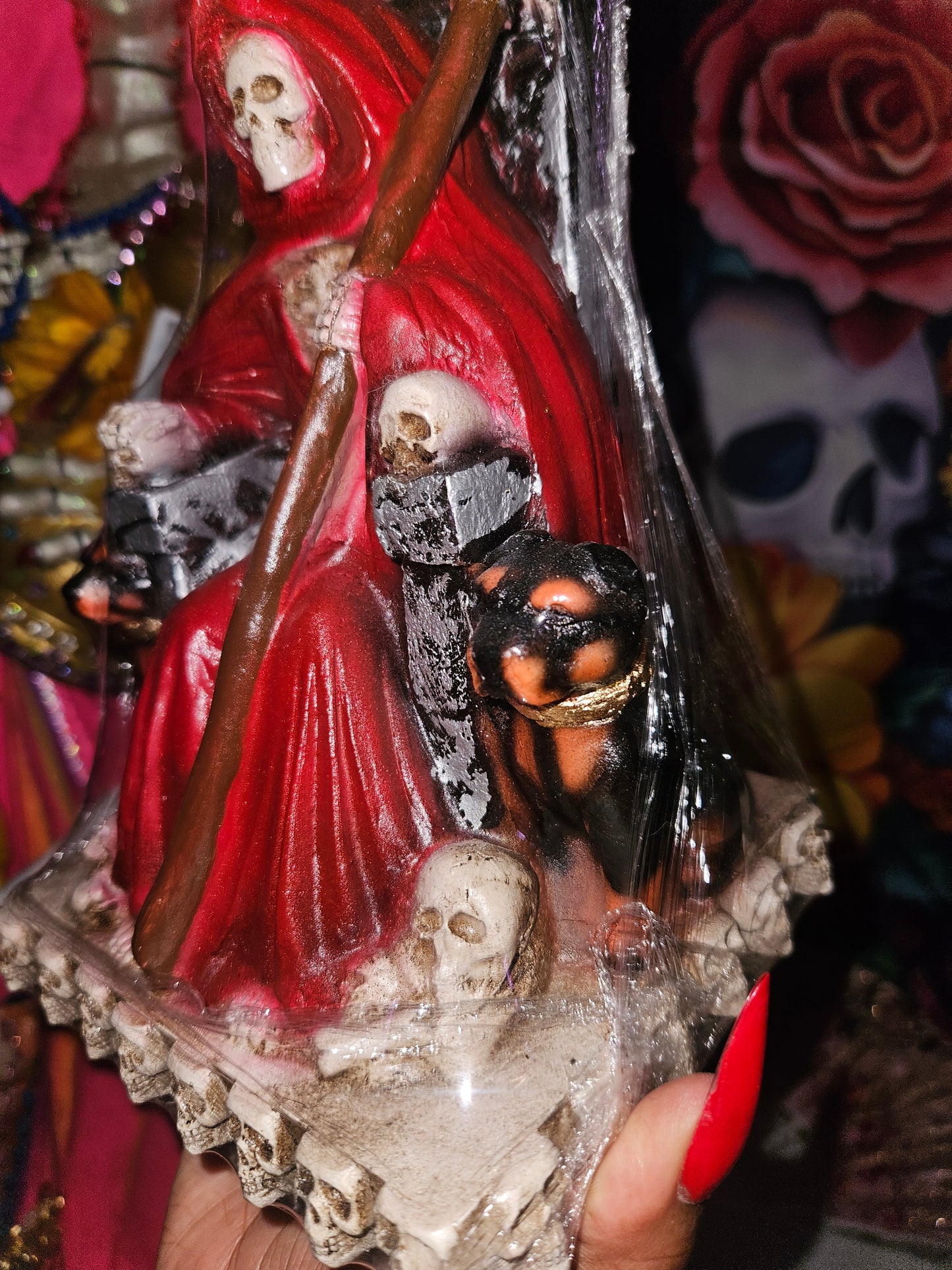 9 " Sitting Red Robe with dogs Santa Muerte Statue