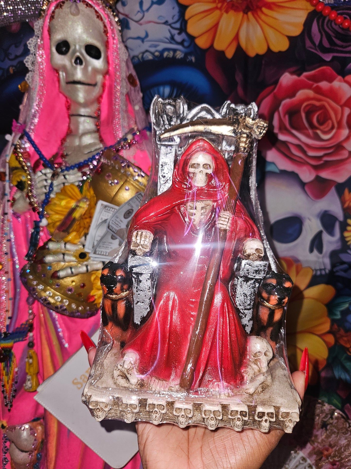 9 " Sitting Red Robe with dogs Santa Muerte Statue