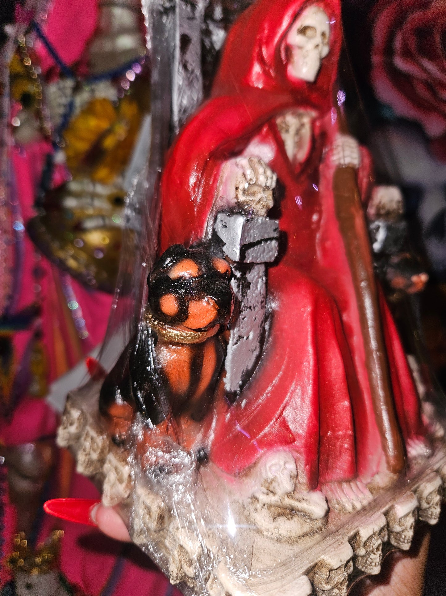9 " Sitting Red Robe with dogs Santa Muerte Statue