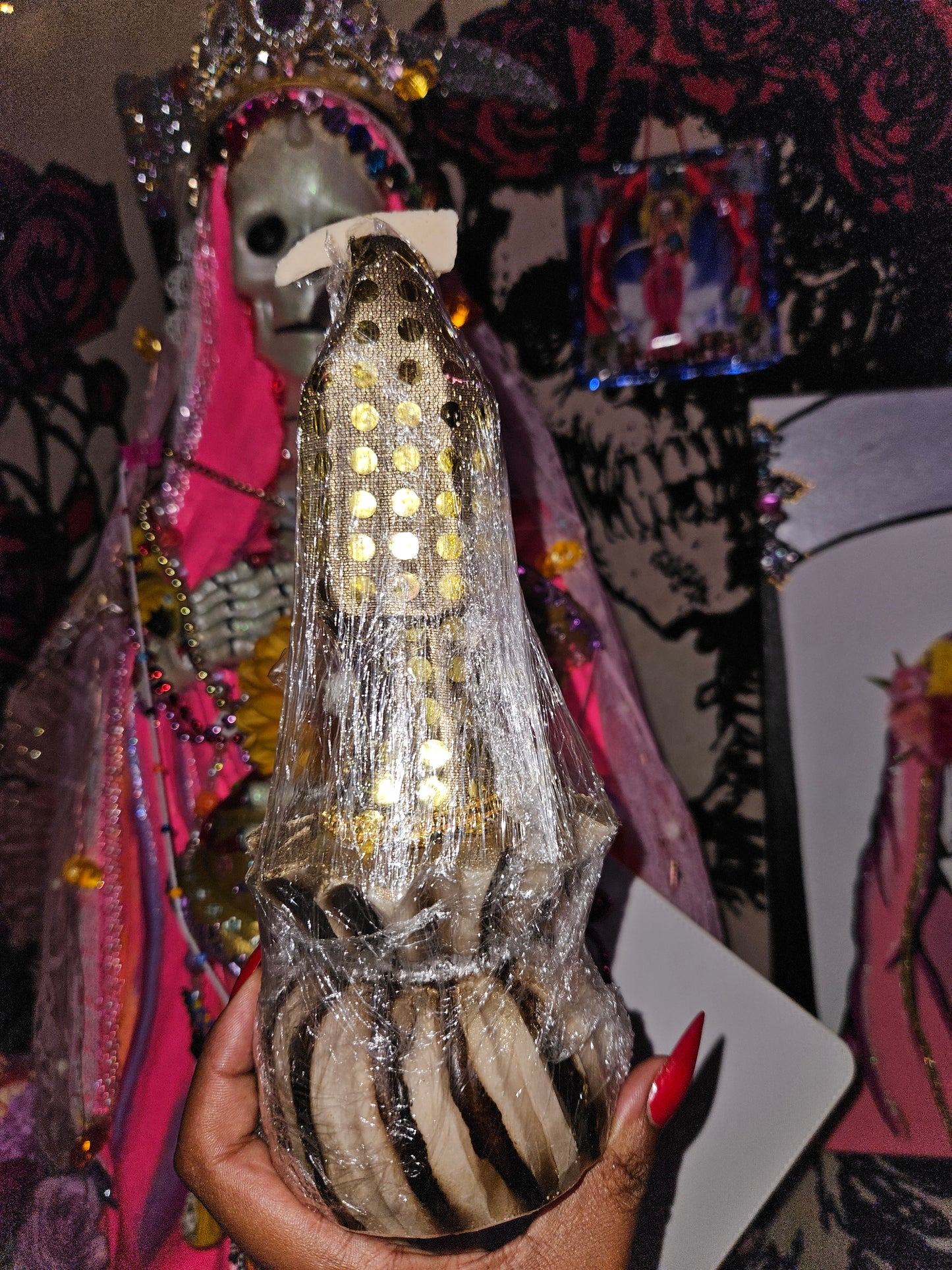 10" Gold Santa Muerte on Money Bag Statue