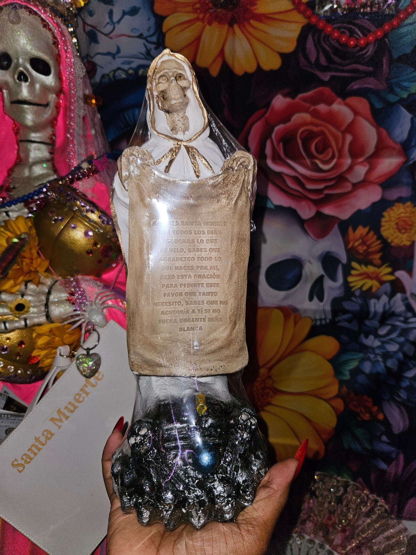 13" Santa Muerte Statue with Prayer Scroll
