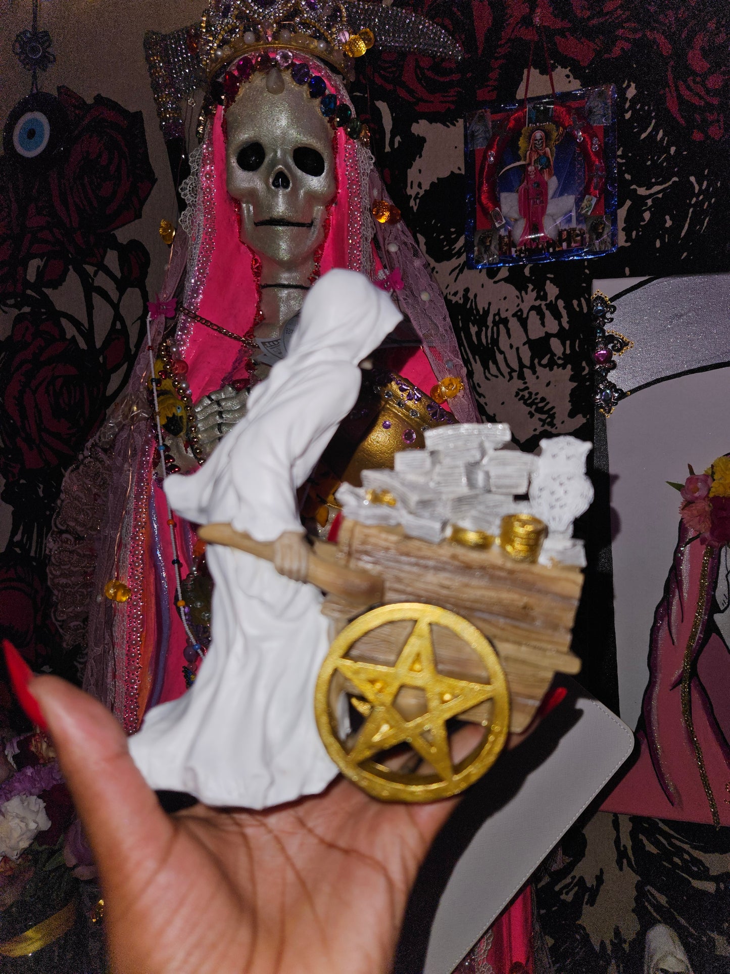 7" Blanca/White Robe w/ Money Wheel Barrel Santa Muerte Statue