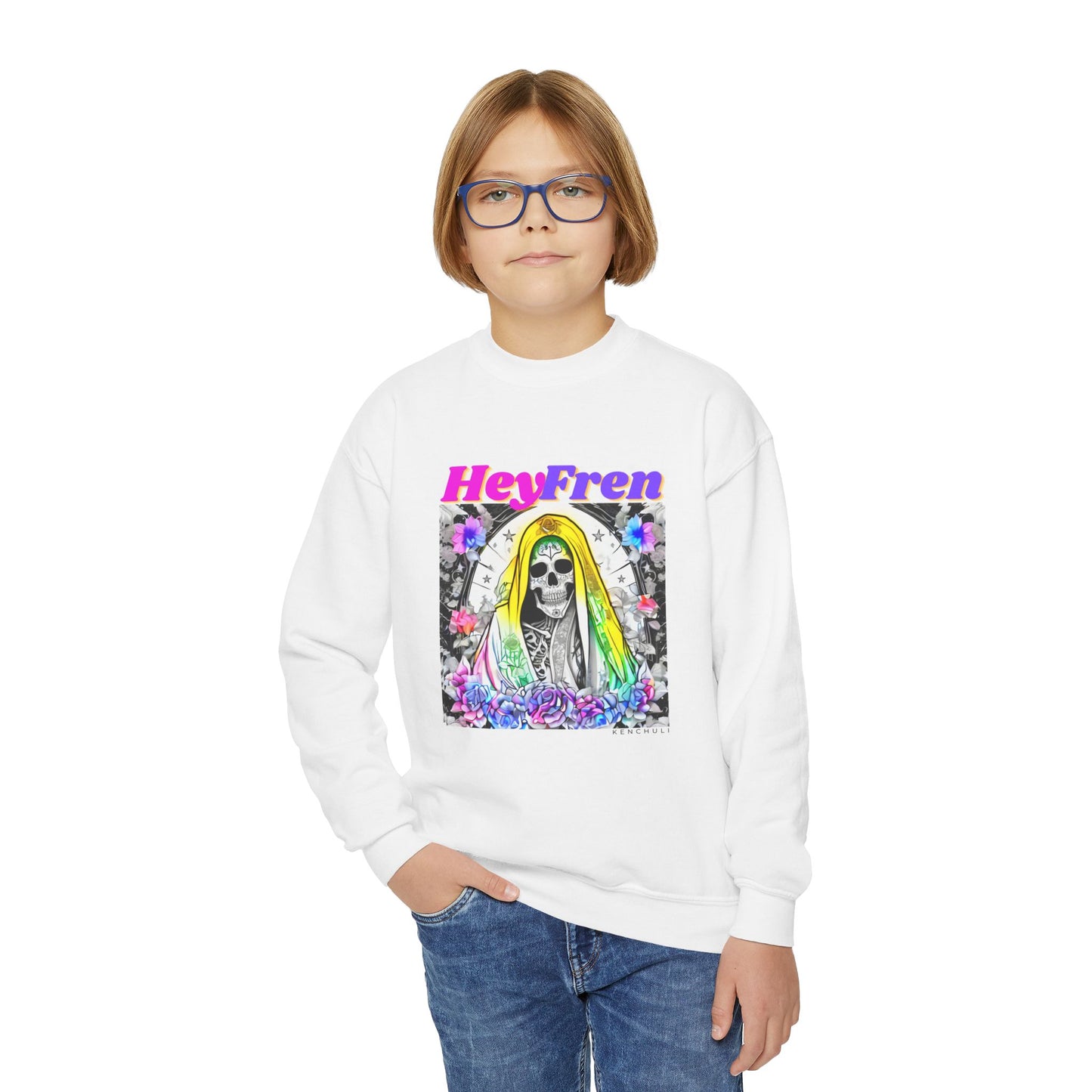 Kids "Hey Fren" Santa Muerte Crewneck Sweatshirt