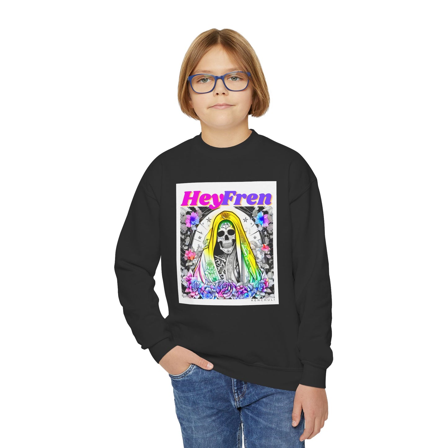 Kids "Hey Fren" Santa Muerte Crewneck Sweatshirt