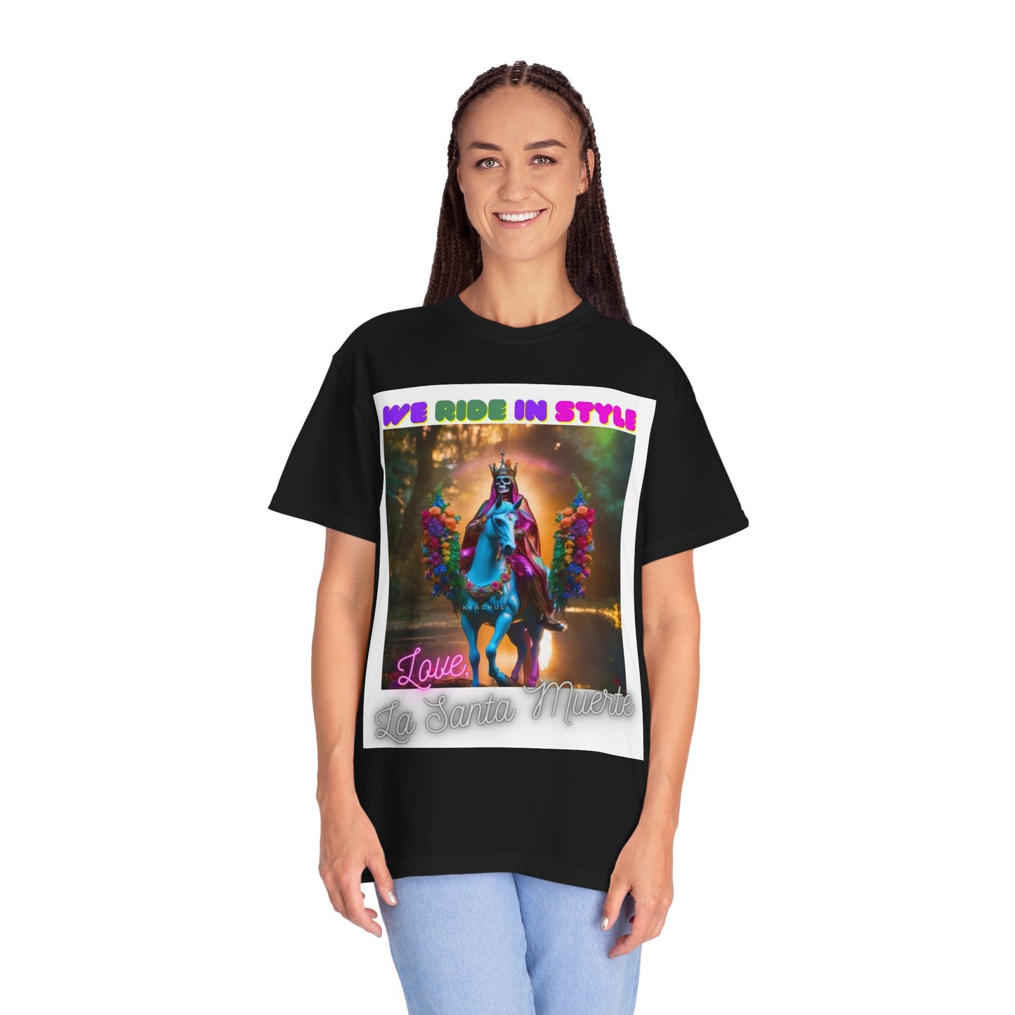 Santa Muerte Ride in Style T-Shirt (front image)