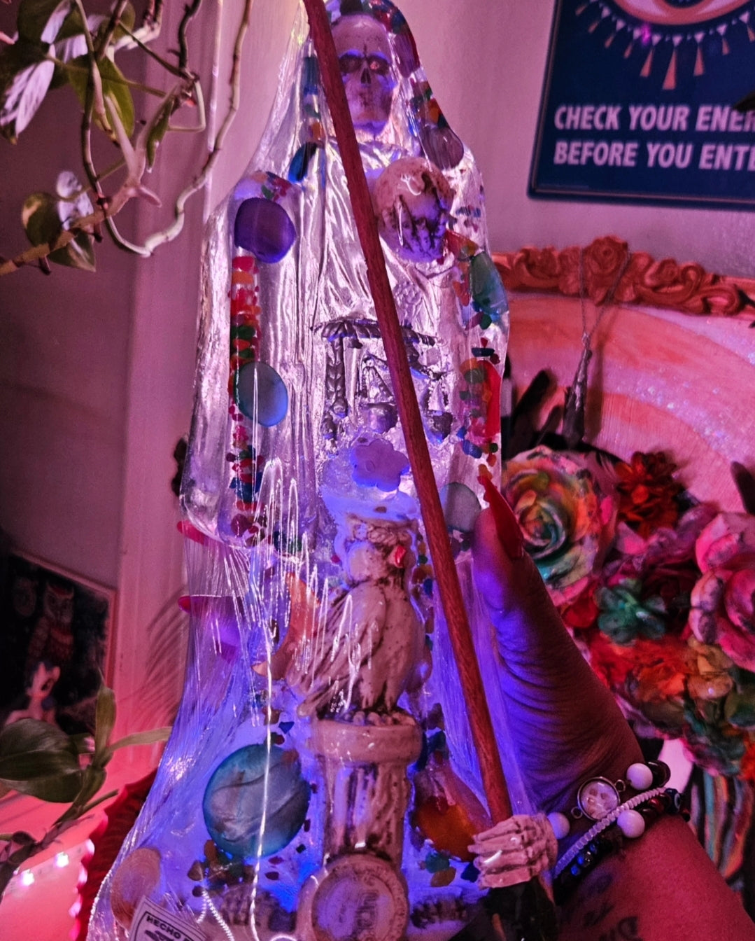12" Clear White Robe Light Up Santa Muerte Statue