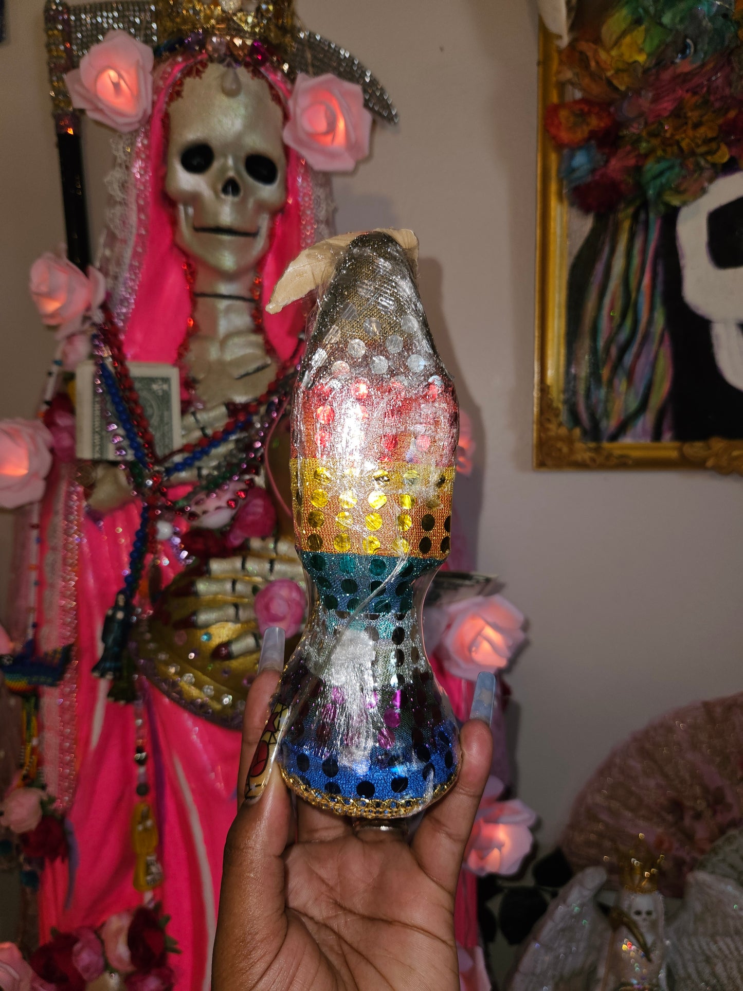 8" Vestida 7 Colores/Rainbow Robe Santa Muerte Statue