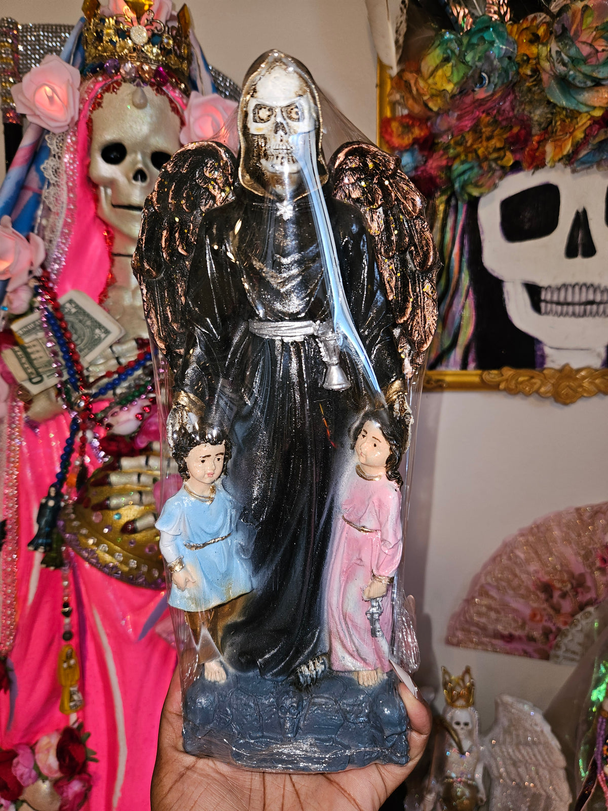 12" Winged Negra/ Black w/Children Robe Santa Muerte Statue