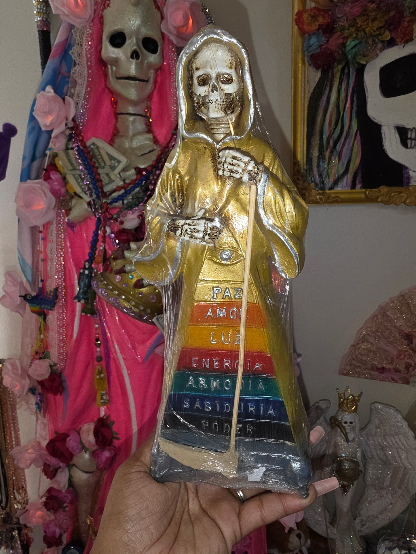 11" Gold Robe w/ 7 Colores Pyramid Santa Muerte Statue