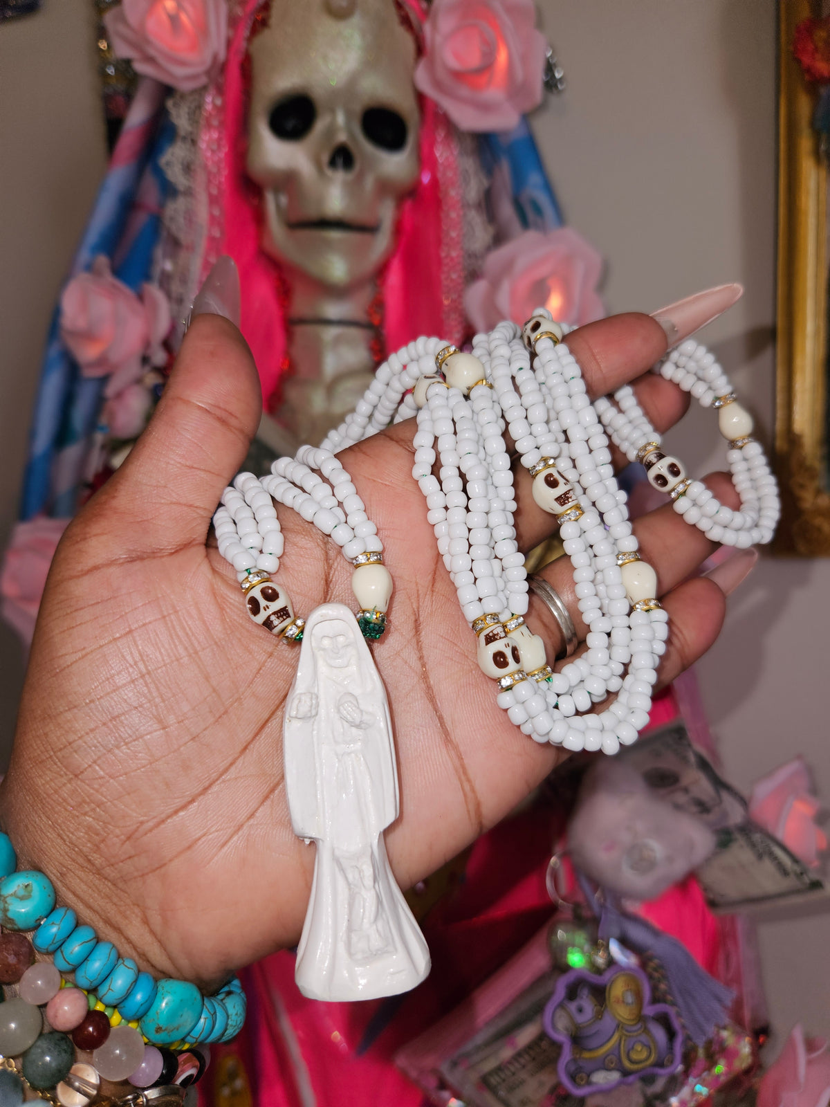 32' Beaded Santa Muerte Necklace