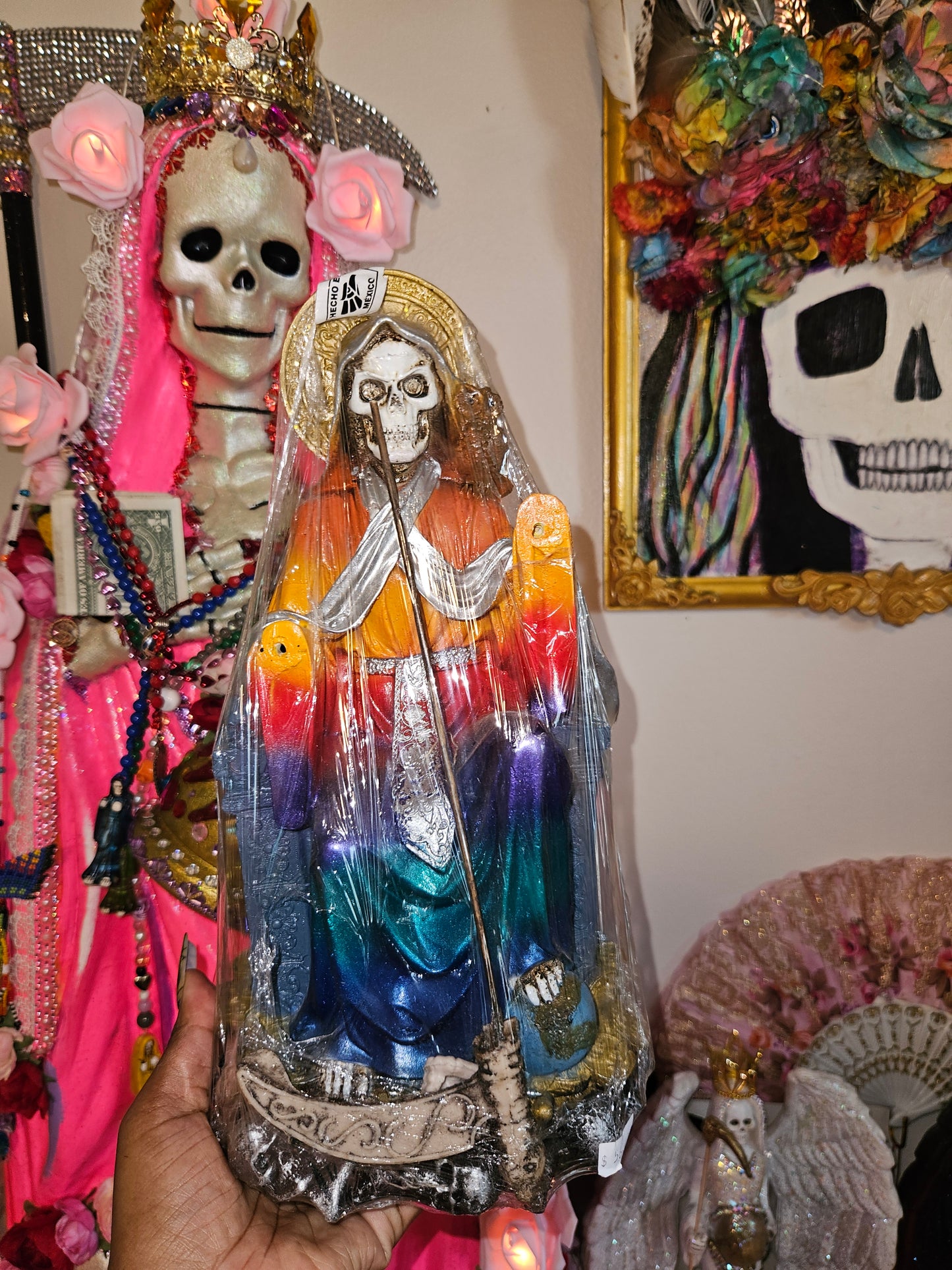 12" Rainbow/7 Colores Sitting Santa Muerte Statue w/ Removable hands & Scythe