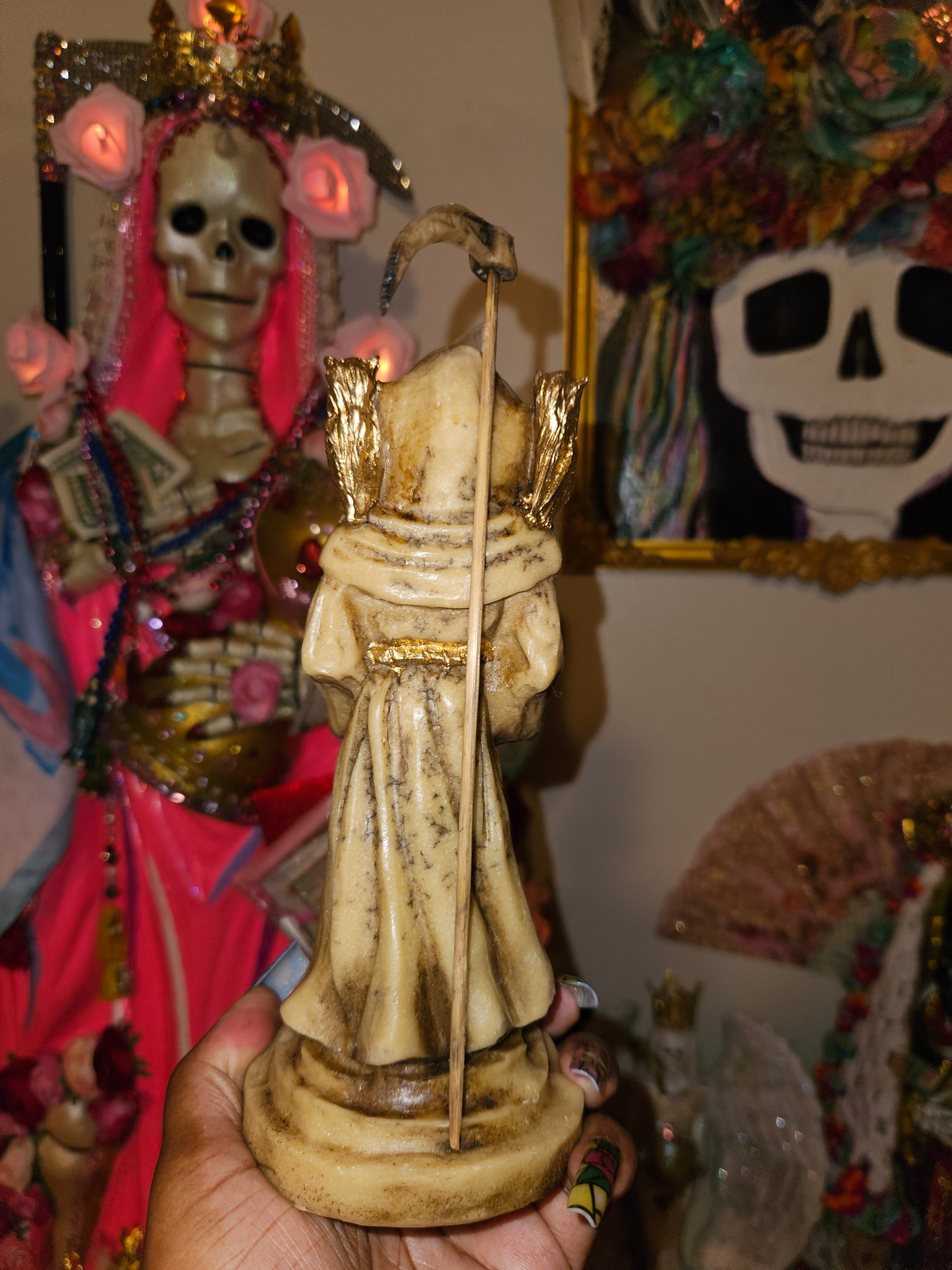 7" Bone Robe/Aspect w/ 2 Owls Santa Muerte Statue