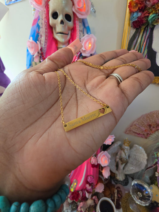 Santa Muerte Cutout Heart Bar Necklace