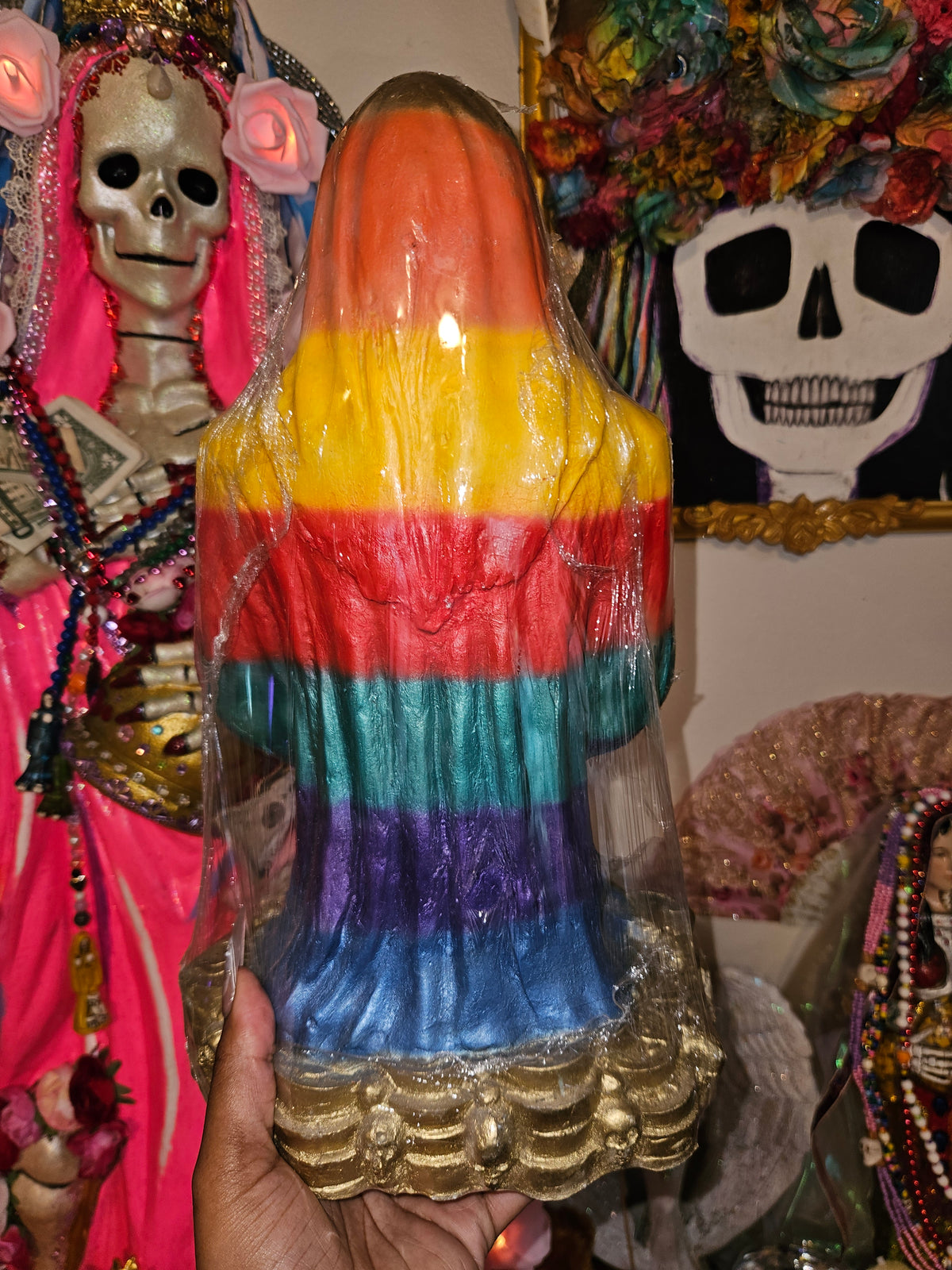 13" Rainbow Robe Prayer Hands Santa Muerte Statue