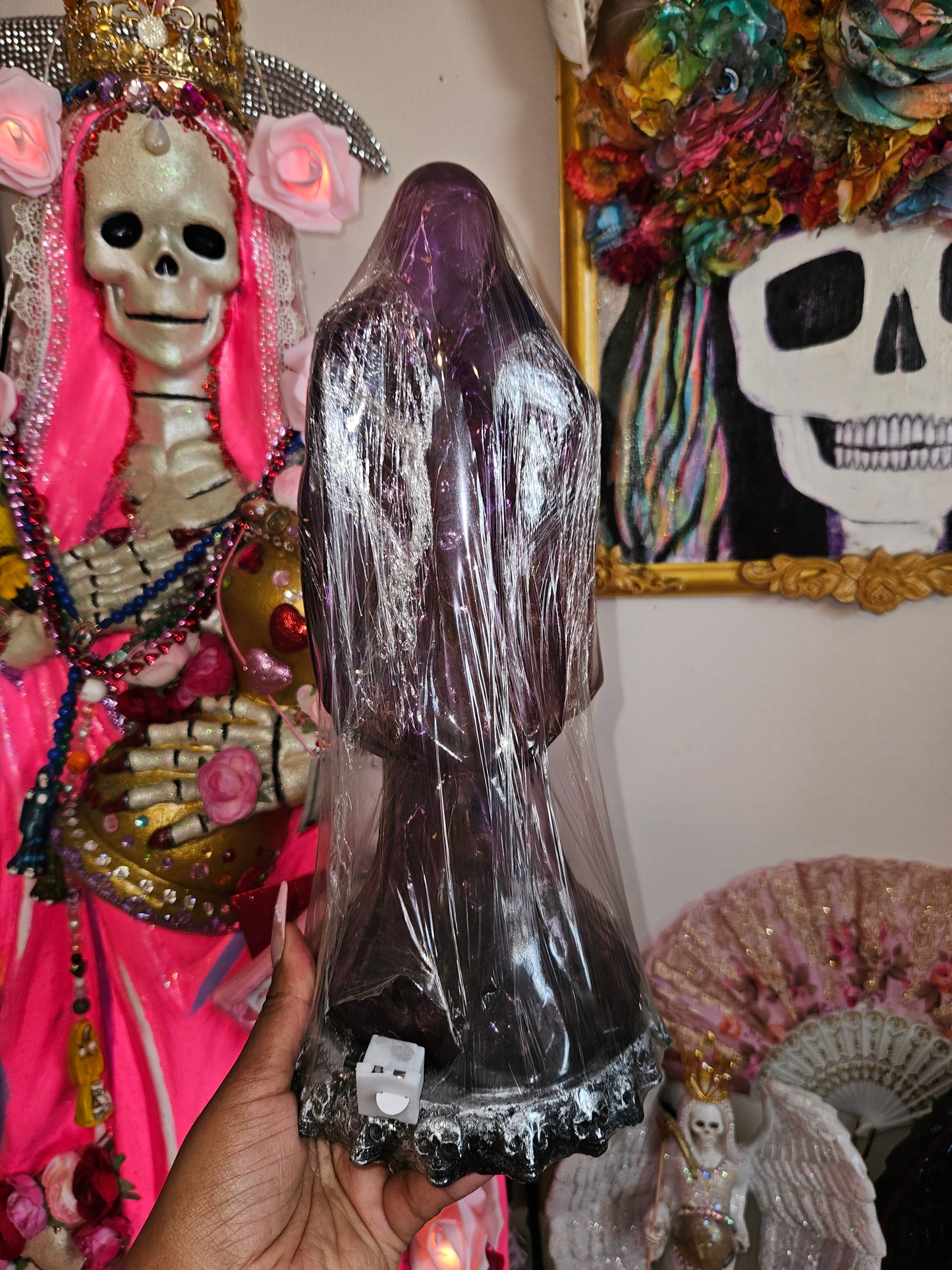 13" Clear Purple Robe Light Up Santa Muerte Statue