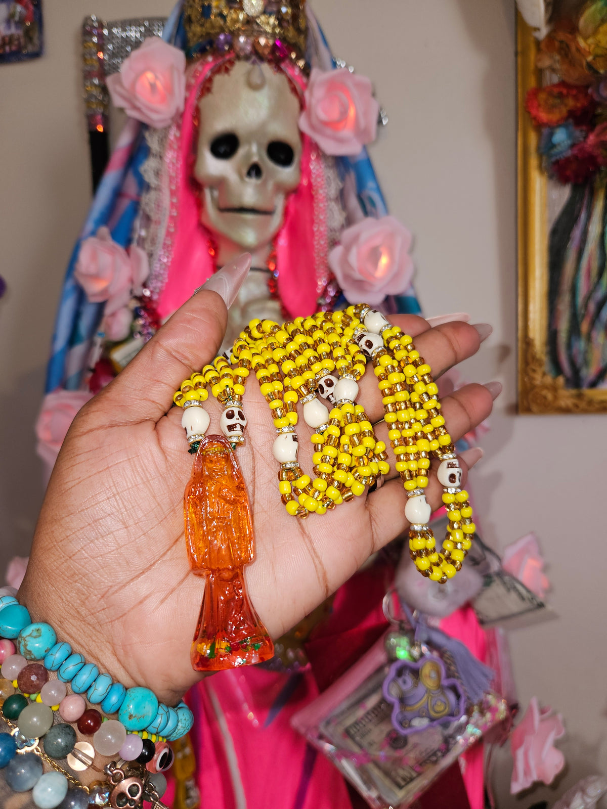 32' Beaded Santa Muerte Necklace