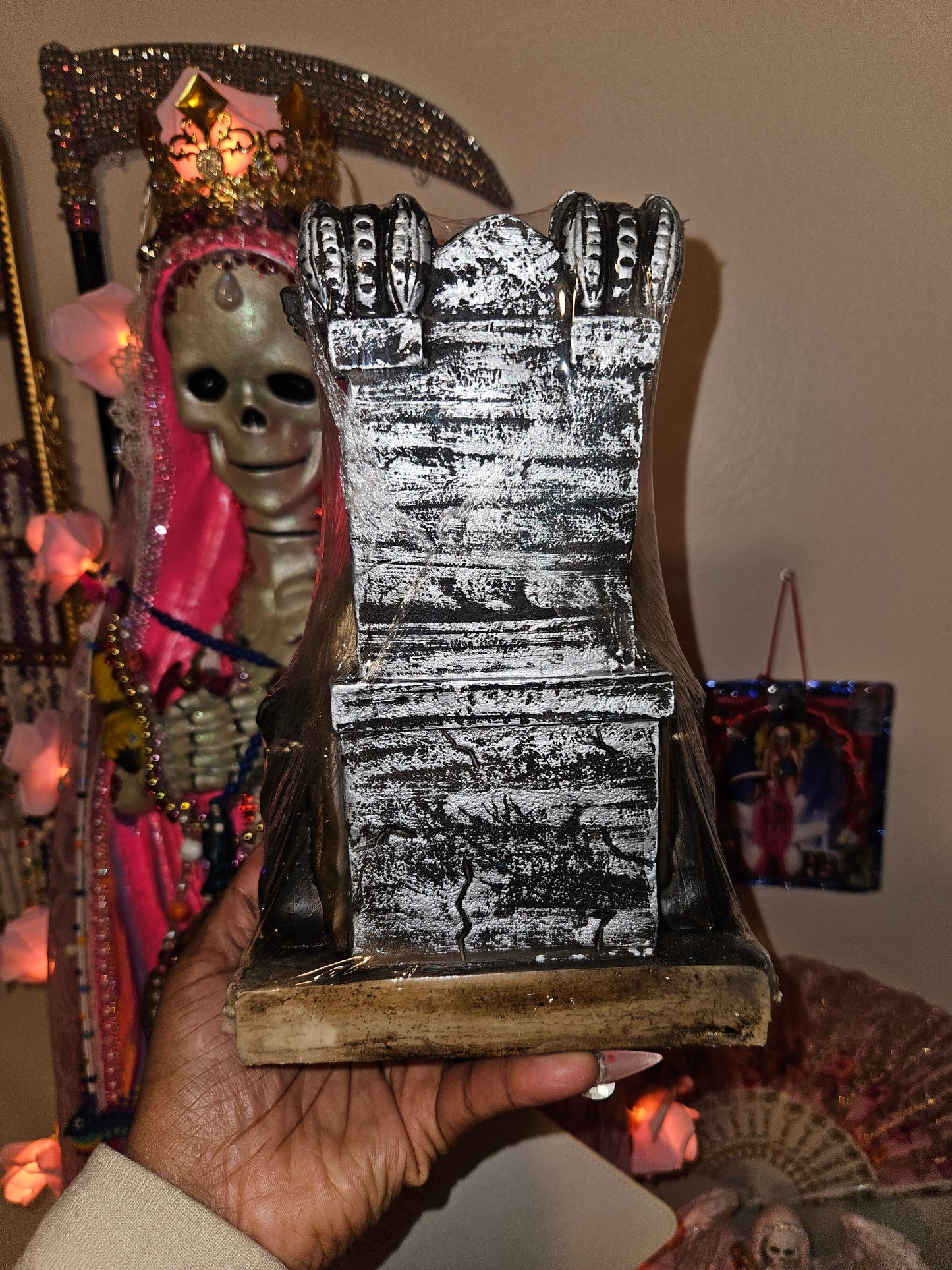 9" Sitting Gold Robe with dogs Santa Muerte Statue