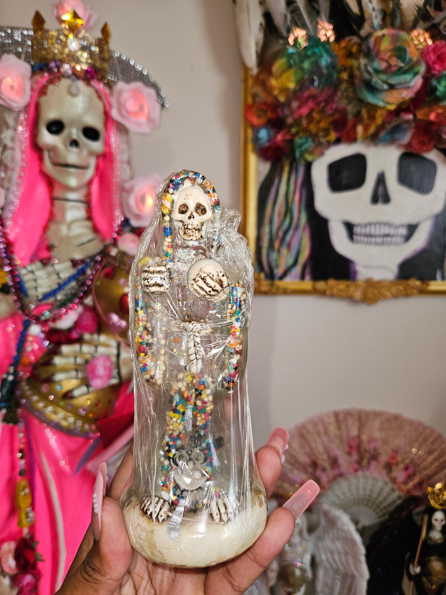 6" Clear White Robe Santa Muerte Statue