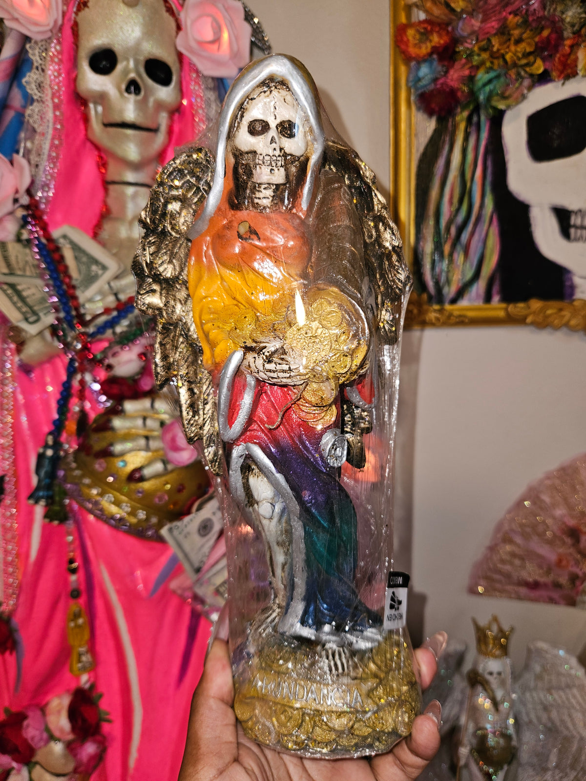 12" Winged Abundance Rainbow Robe Santa Muerte Statue