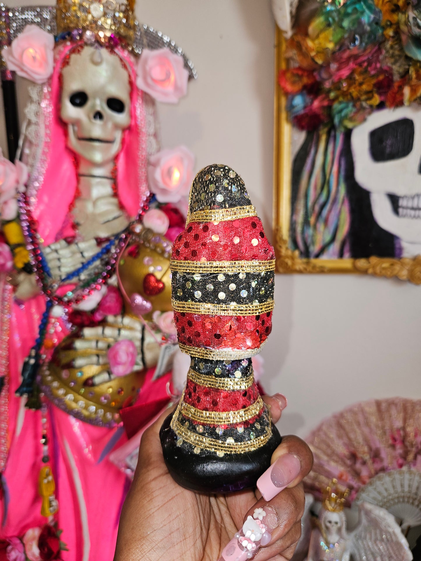 6" Vestida Red & Black w/ good luck bag Santa Muerte Statue