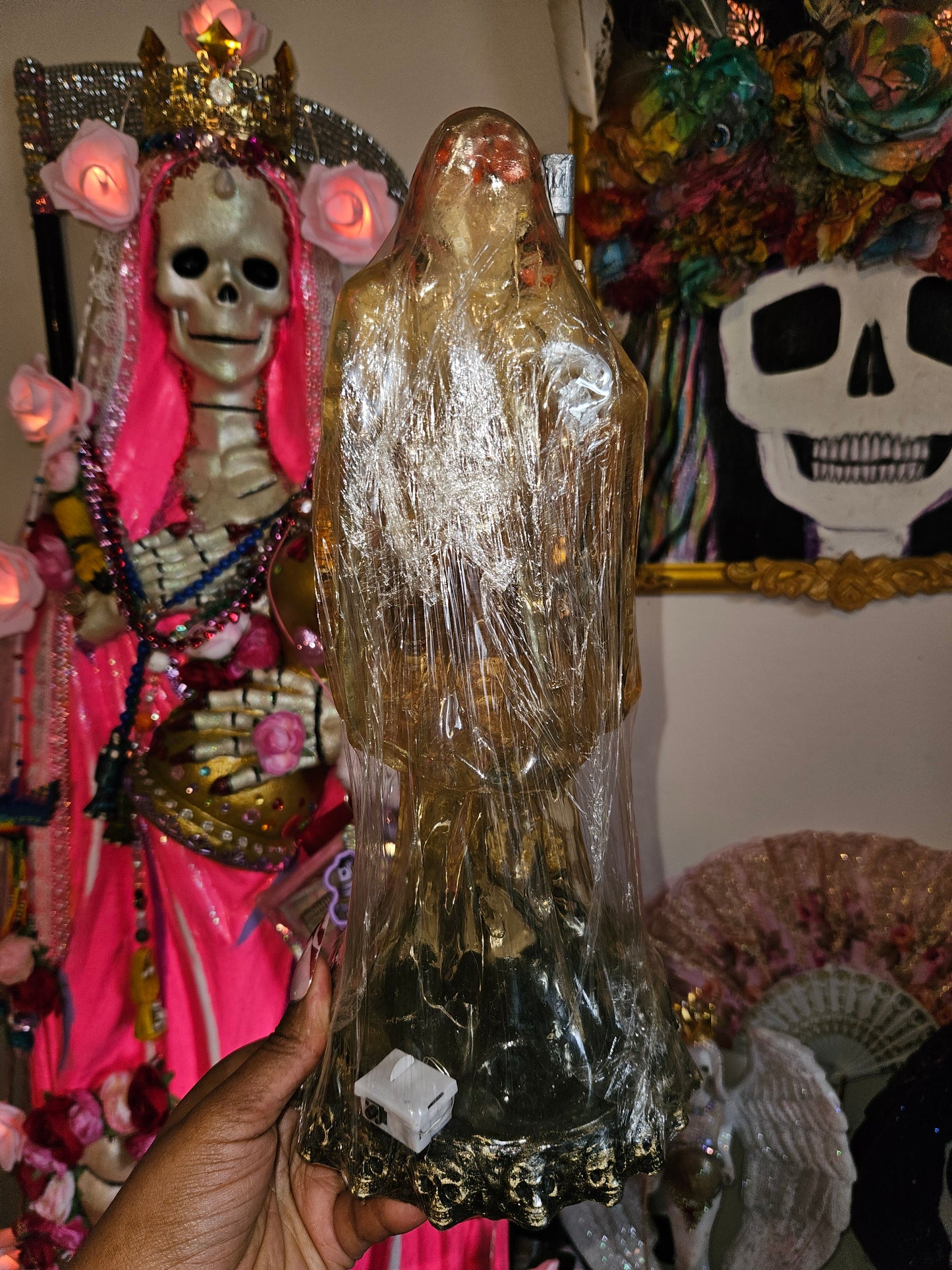 13" Clear w/Grains & Seeds Robe Light Up Santa Muerte Statue