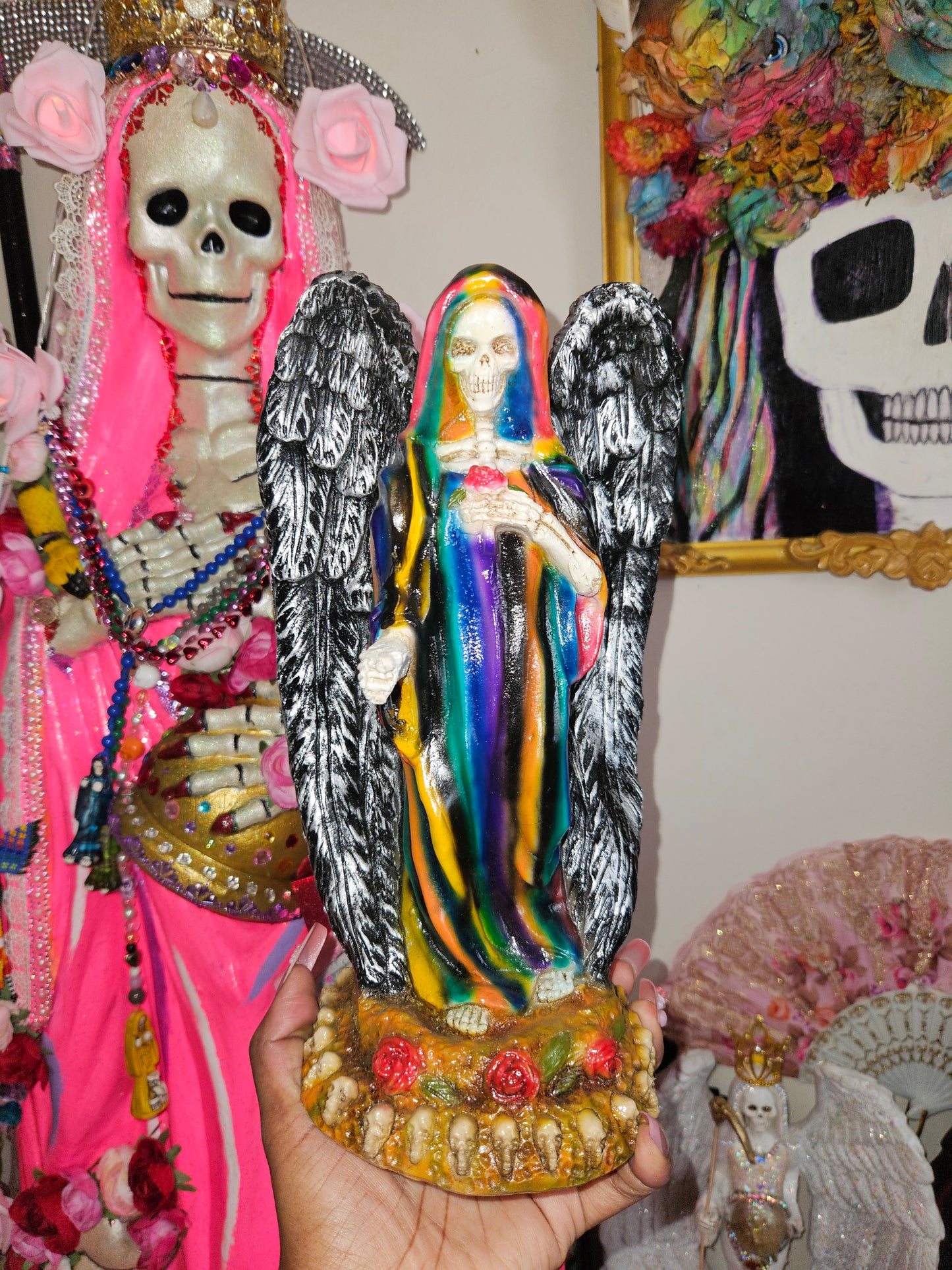 12" Winged Colorful Black Robe Santa Muerte Statue
