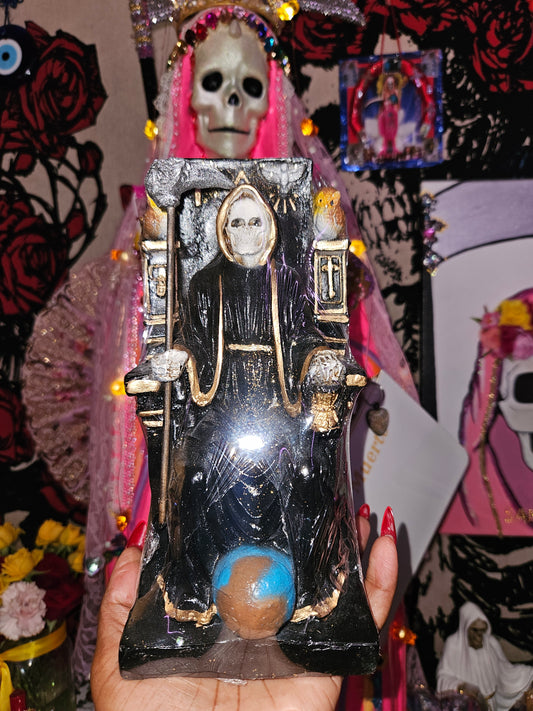 9 " Sitting Black Robe Santa Muerte Statue