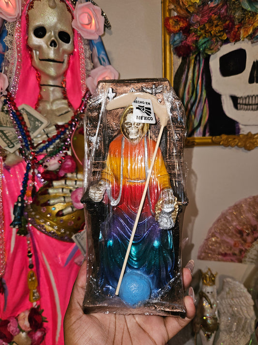 9 " Sitting 7 Colores/Rainbow  Robe Santa Muerte Statue