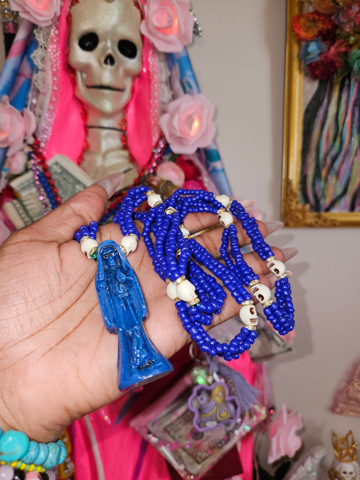 32' Beaded Santa Muerte Necklace