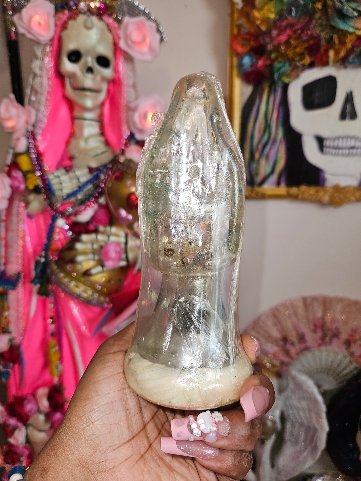 6" Clear White Robe Santa Muerte Statue