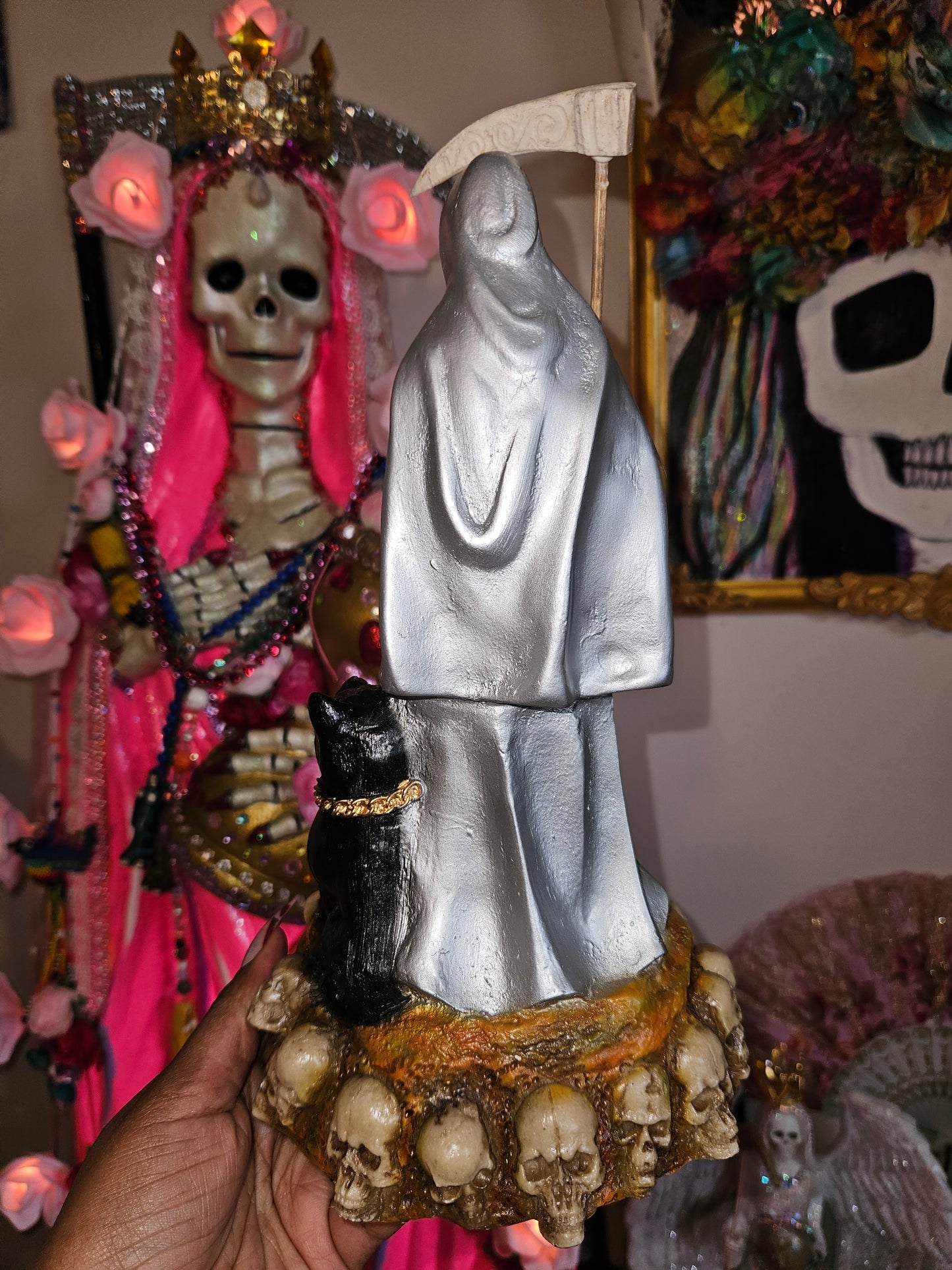 12" Silver Robe Santa Muerte w/ her Dog Statue