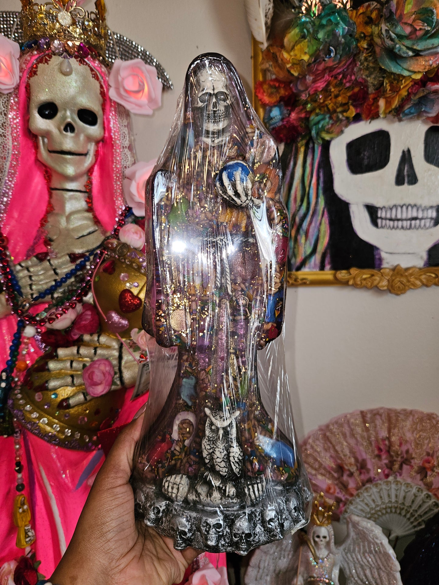 13" Clear Purple Robe Light Up Santa Muerte Statue