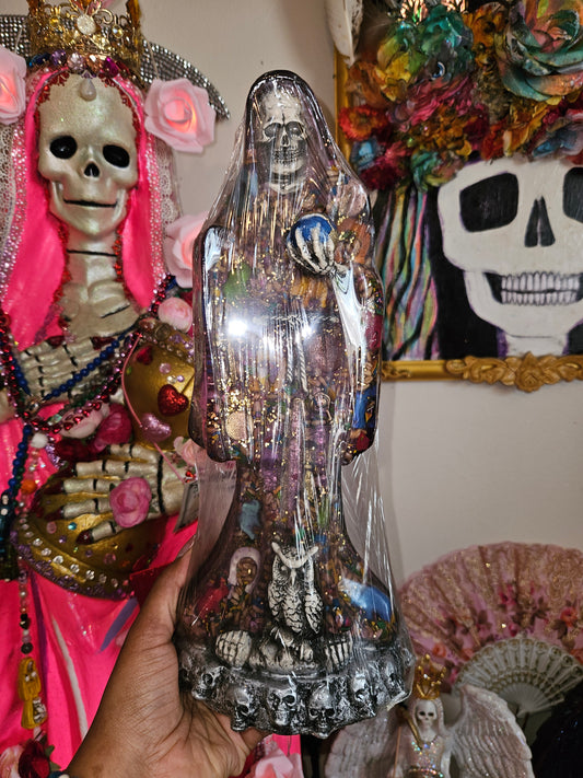 13" Clear Purple Robe Light Up Santa Muerte Statue
