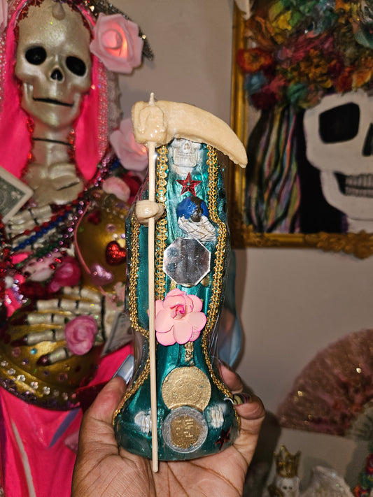 8" Vestida Teal Robe Santa Muerte Statue