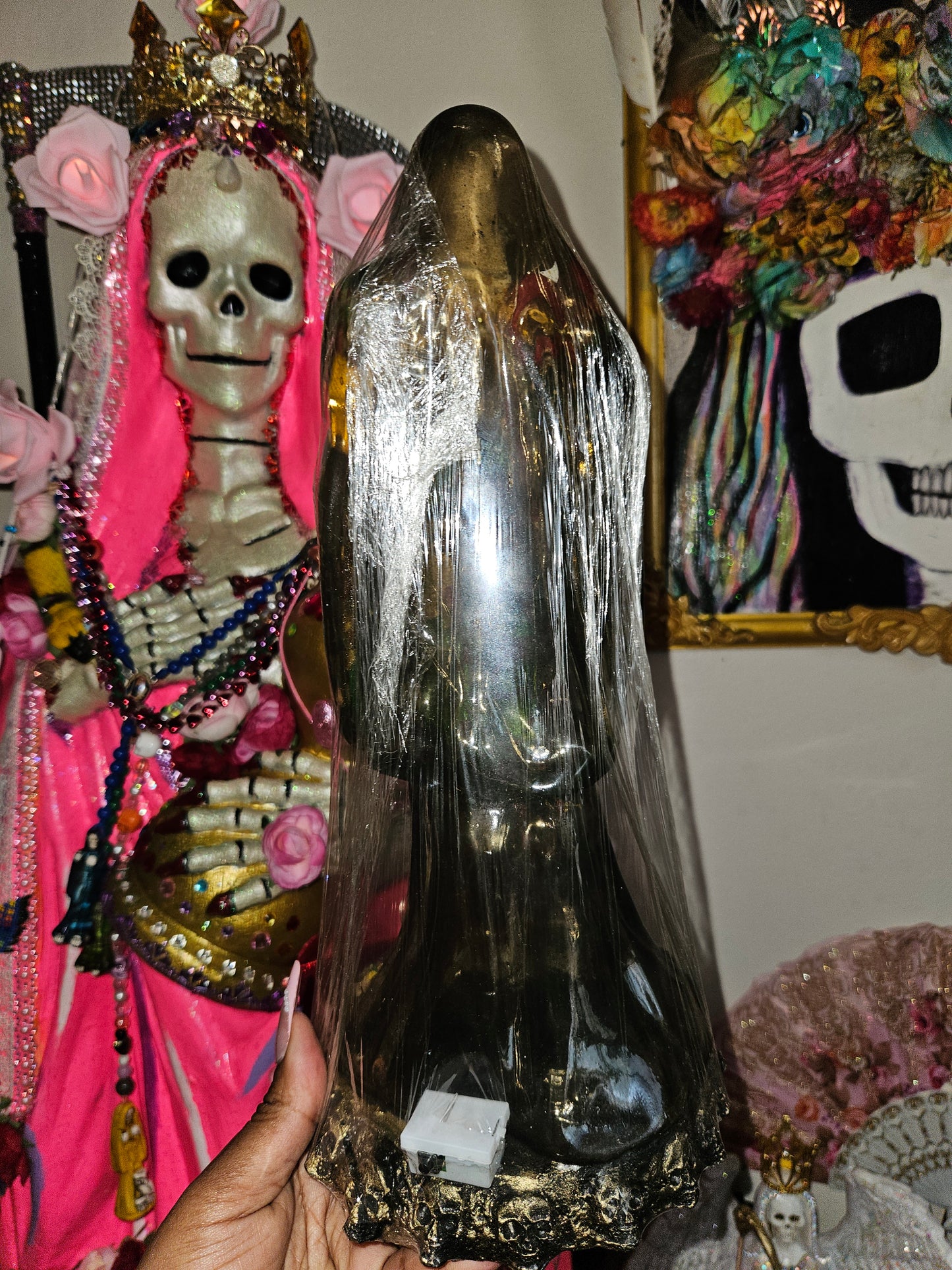 13" Clear Black Robe Light Up Santa Muerte Statue