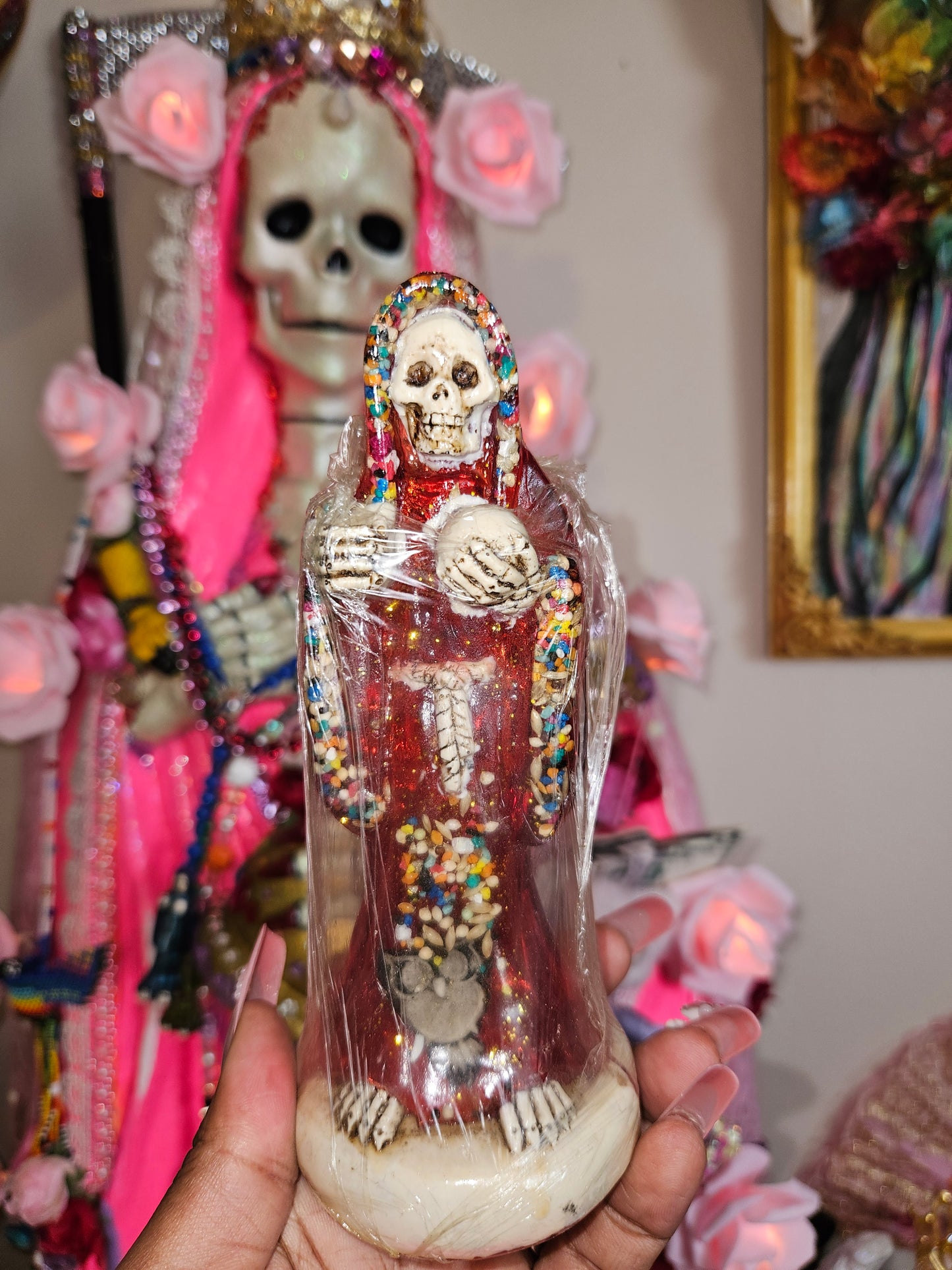 6" Clear Red Robe Santa Muerte Statue