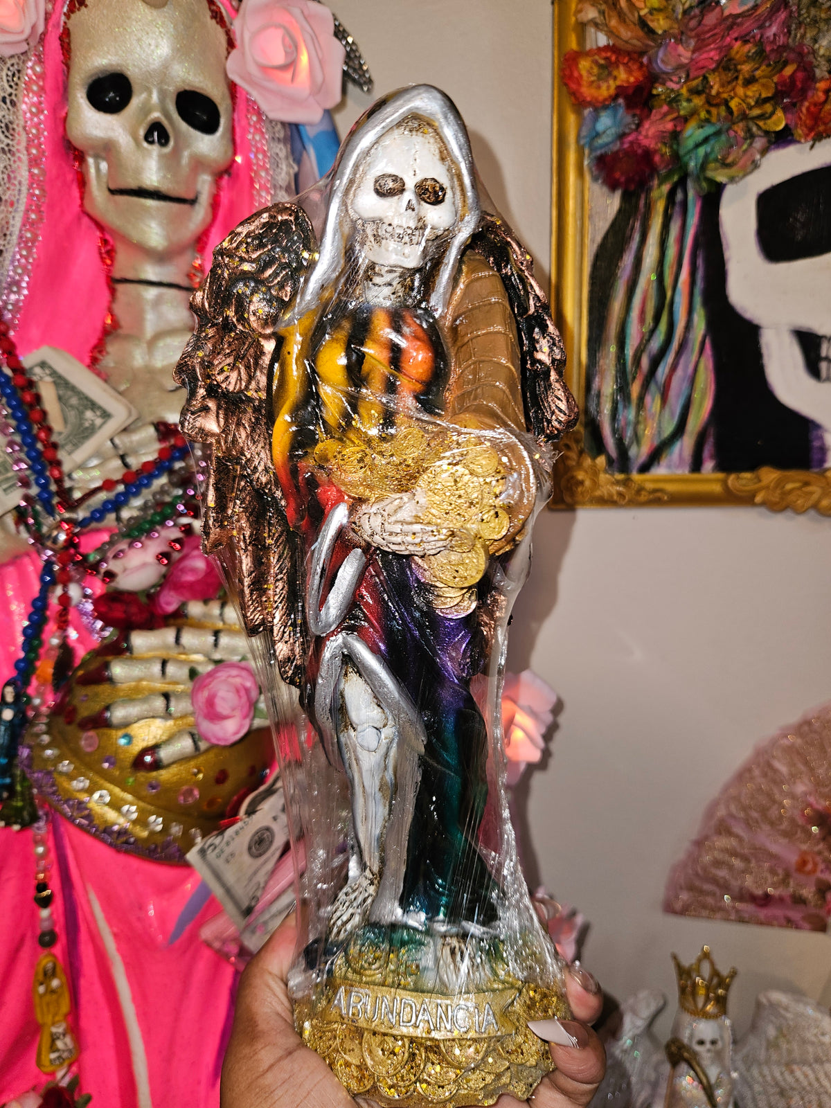 12" Winged Abundance Rainbow w/Black Robe Santa Muerte Statue