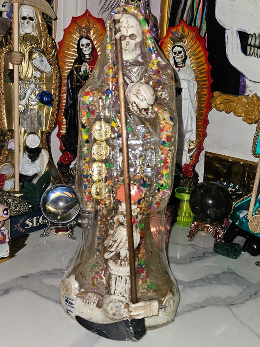 12" Clear White Robe Light Up Santa Muerte Statue