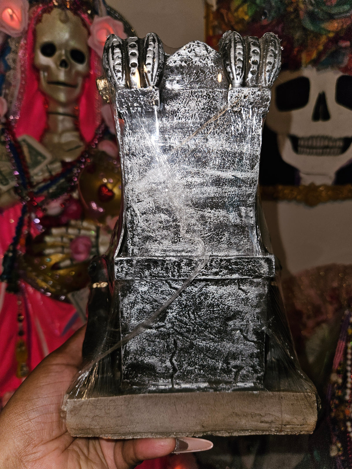 9 " Sitting Black Robe with dogs Santa Muerte Statue