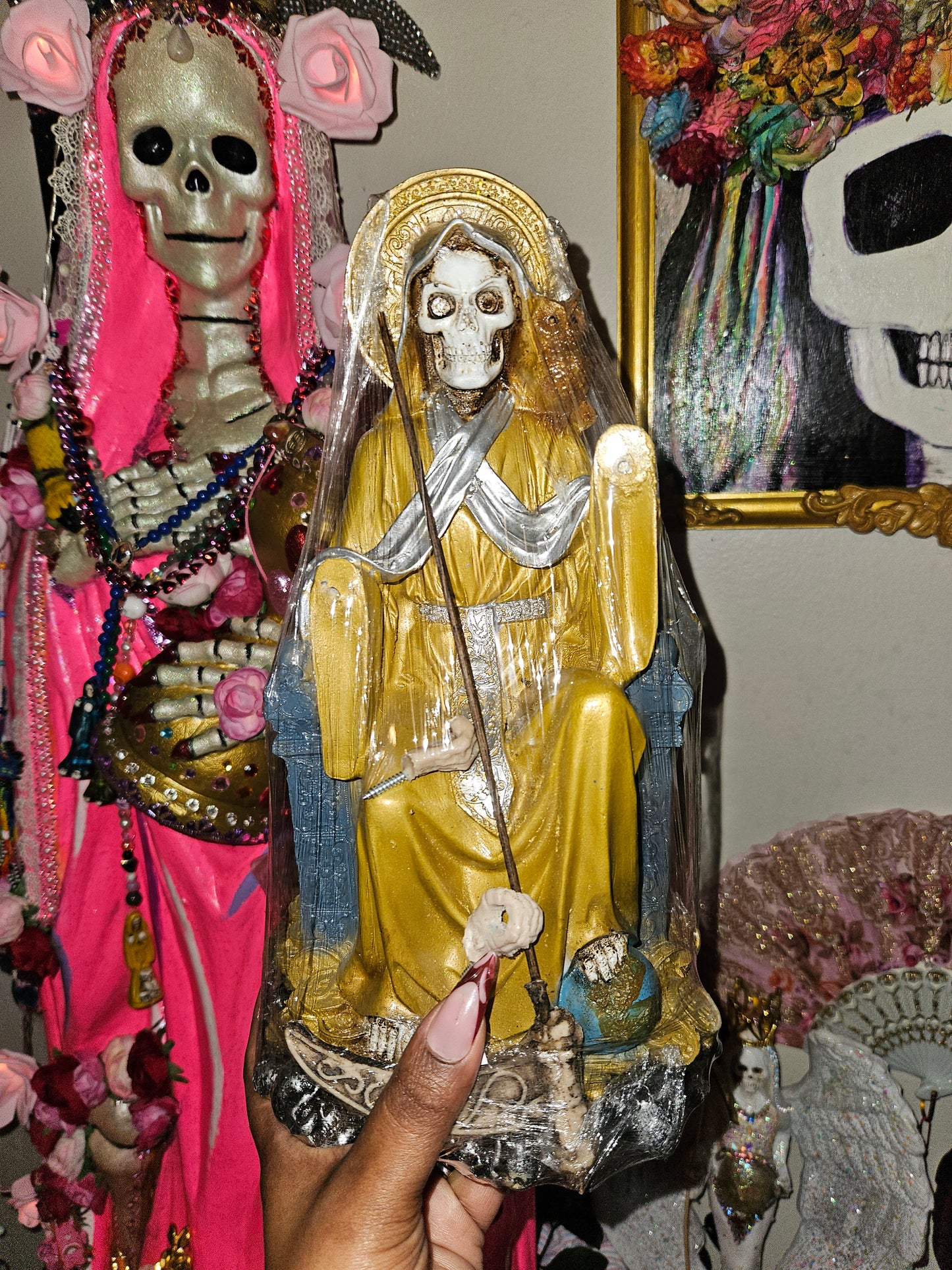 12" Sitting Santa Muerte Statue w/ Removable hands & Scythe