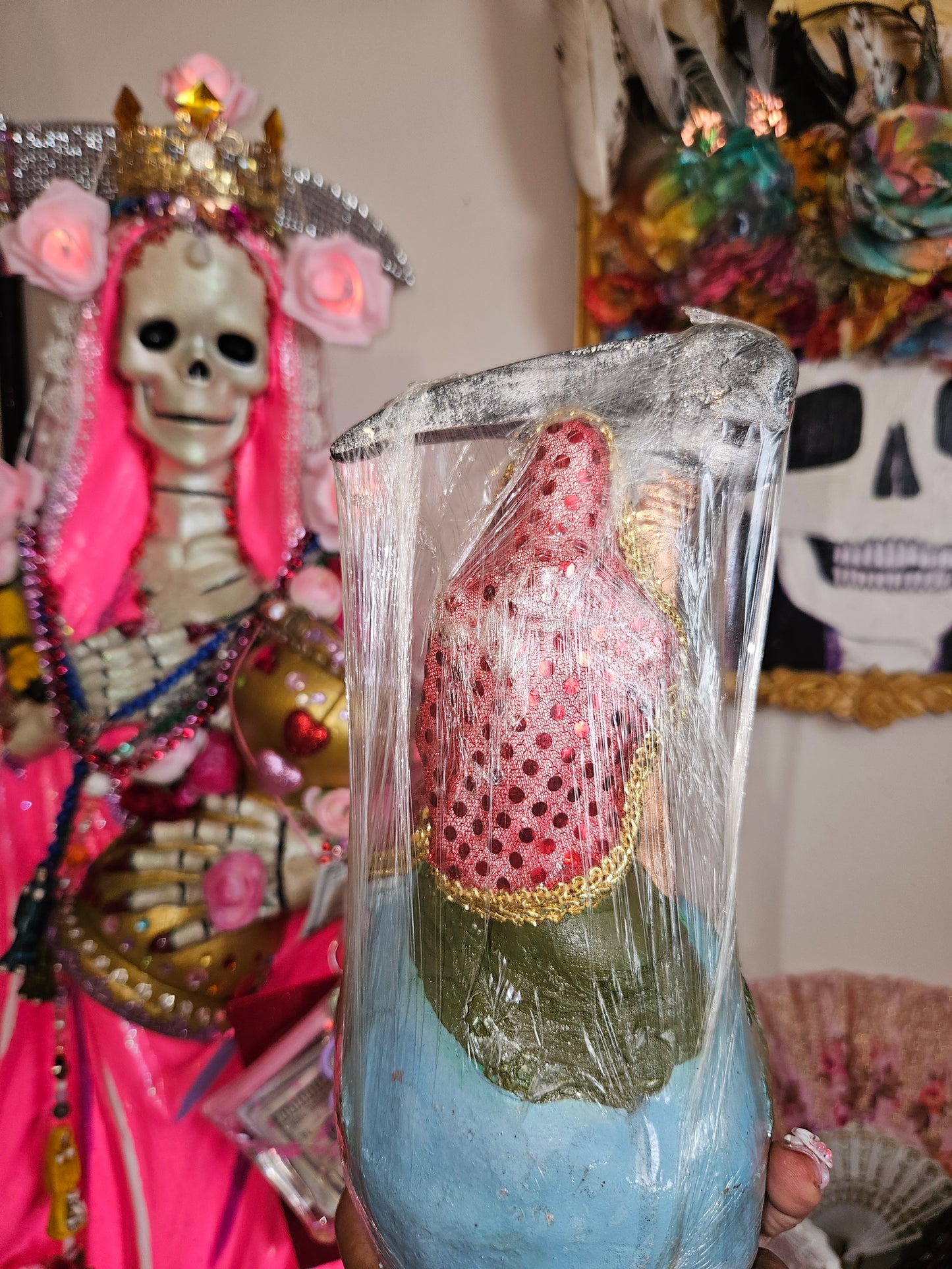 8" Vestida Red Robe Sitting on Top of World Santa Muerte Statue