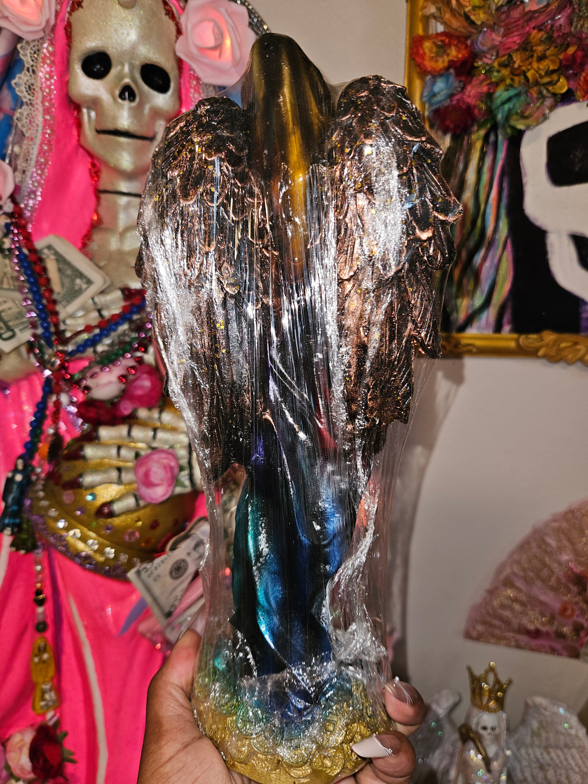 12" Winged Abundance Rainbow w/Black Robe Santa Muerte Statue