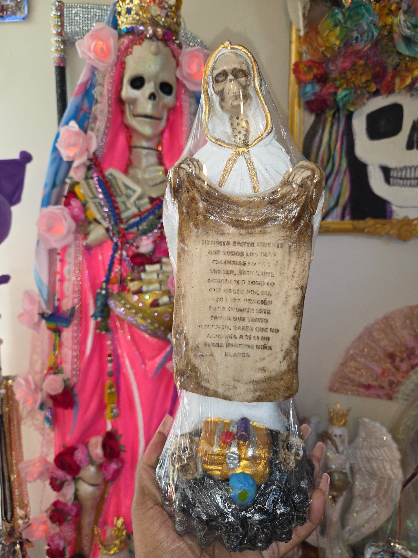 13" White Robe with Prayer Scroll Santa Muerte Statue